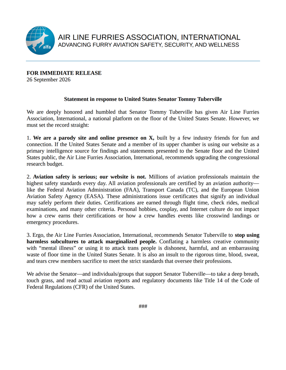 AirLineFurries's tweet photo. FOR IMMEDIATE RELEASE: Official statement from the Air Line Furries Association, International (ALFA), regarding recent remarks on the United States Senate floor.

https://t.co/0HAHNcb3EE https://t.co/CWz6vnAcJ3