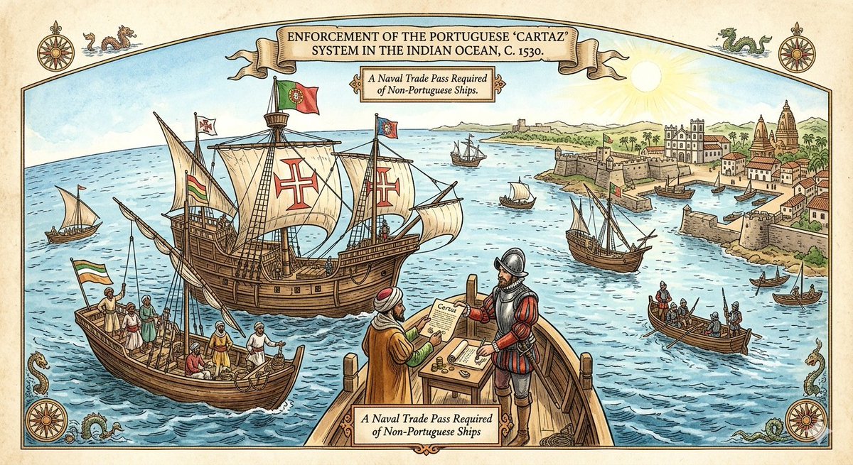vaishnavi_69344's tweet photo. MODERN HISTORY
#ADVENTOFEUROPEANS

6.What was the "Cartaz" system utilized by the Portuguese in the Indian Ocean?#UPSC

A. A monetary currency system based on silver coins minted in Goa.

B. A naval trade license or pass that non-Portuguese ships were required to purchase to sail safely in the Indian Ocean.

C. A land tax levied on agricultural peasants in the coastal villages of Goa.

D. A military treaty signed between the Portuguese and the Mughal Empire.