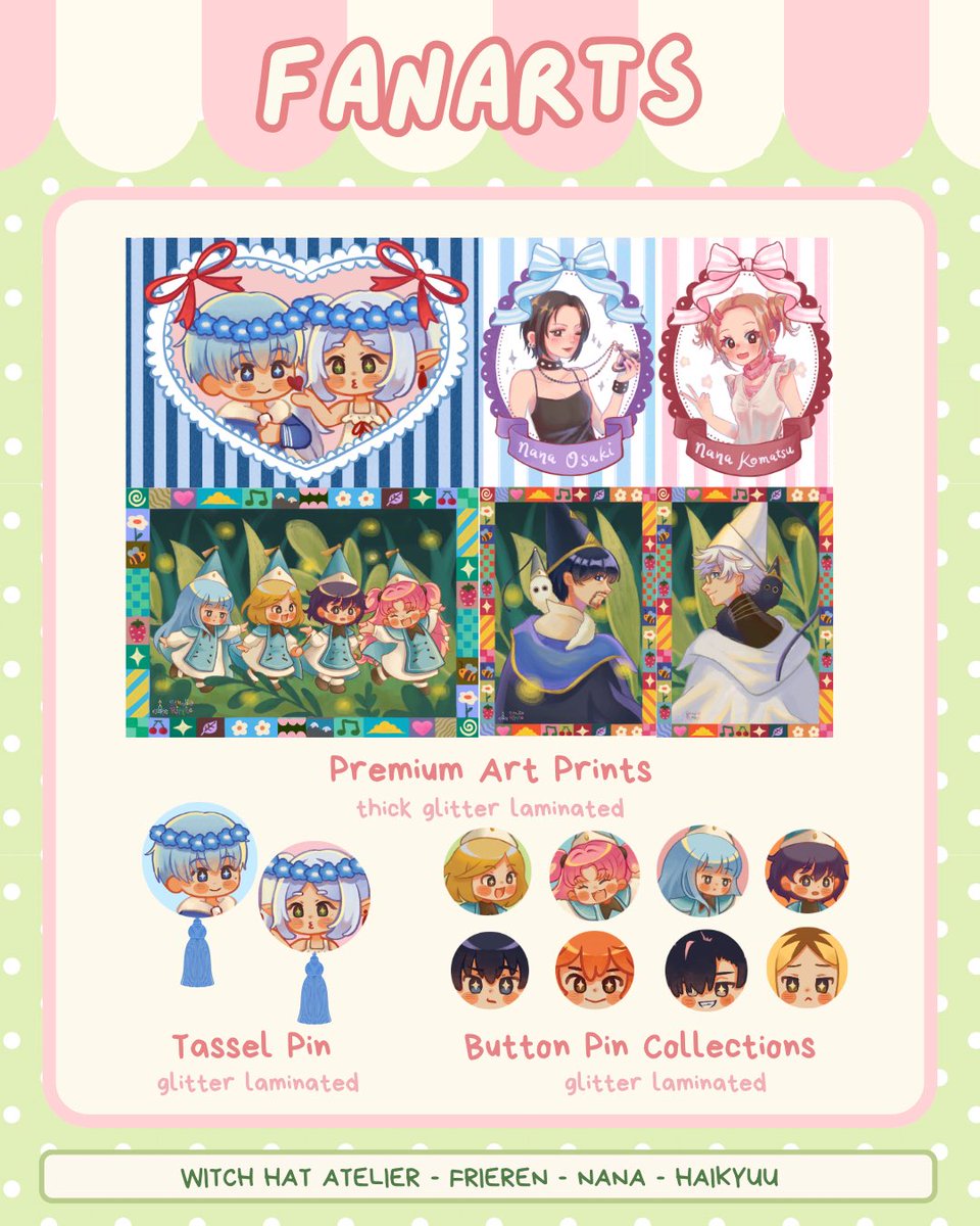 studio_ripple's tweet photo. Updated catalogue for #Comifuro23 !!!
🗓️ Day 1&2
📍ICE BSD booth #M-13 
🌸 Witch Hat Atelier, Haikyuu, Frieren, NANA, originals

Udah close PO yaaa, ini preview aja karena ada keychains yang ku upgrade biar makin imut designnya~
jangan lupa mampir ke booth M-13 !! >_<

#comifuro #cf23catalogue