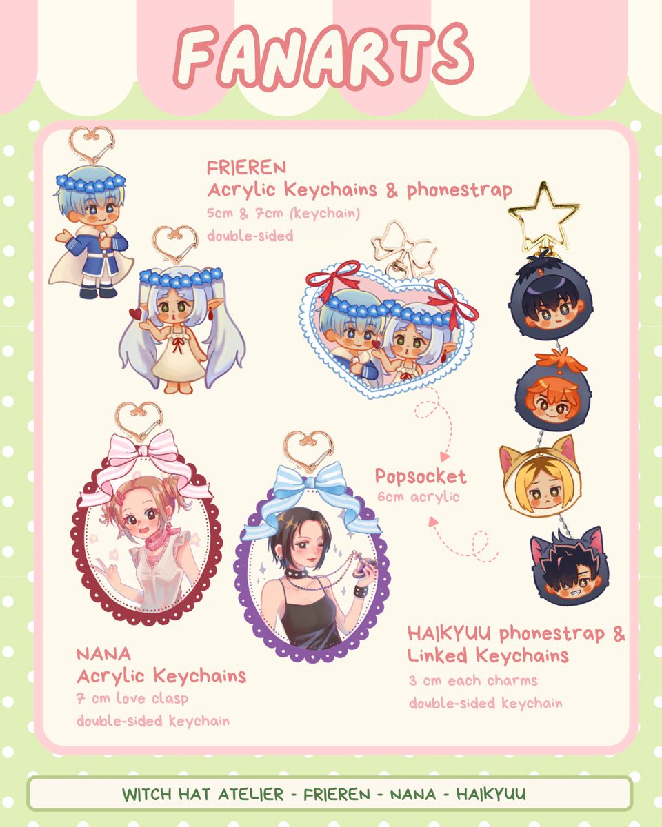 studio_ripple's tweet photo. Updated catalogue for #Comifuro23 !!!
🗓️ Day 1&2
📍ICE BSD booth #M-13 
🌸 Witch Hat Atelier, Haikyuu, Frieren, NANA, originals

Udah close PO yaaa, ini preview aja karena ada keychains yang ku upgrade biar makin imut designnya~
jangan lupa mampir ke booth M-13 !! >_<

#comifuro #cf23catalogue