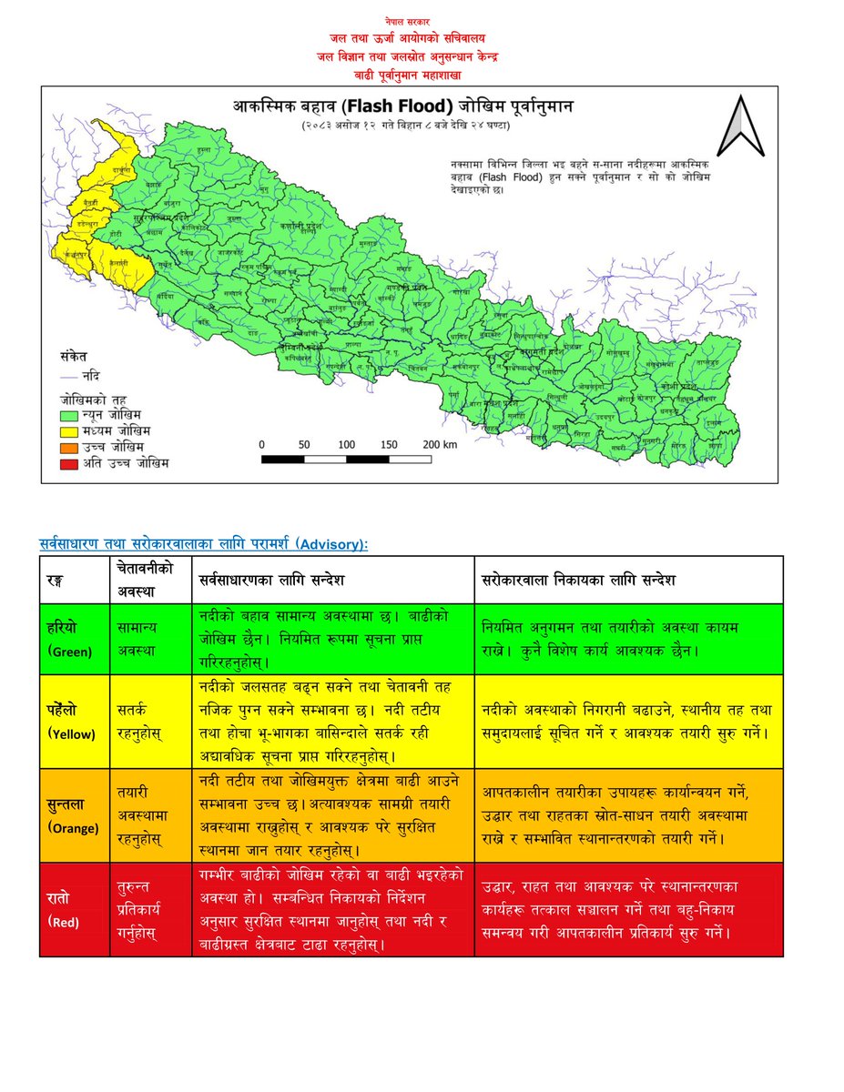 DHM_FloodEWS's tweet photo. आज (२०८३-०६-११ गते)
रुपन्देही, कपिलवस्तु, चितवन, नवलपरासी पूर्व, नवलपरासी पश्चिम, लमजुङ, कास्की, मनाङ, मुस्ताङ, म्याग्दी, बागलुङ, पर्वत, तनहुँ, स्याङ्जा, पाल्पा, ग���ल्मी र आसपासका जिल्ला भई बहने नदीहरुको बहाव बढ्ने र आकस्मिक बाढी  को उच्च जोखिमको सम्भावना छ। @NDRRMA_Nepal https://t.co/DdEsZhYgvx