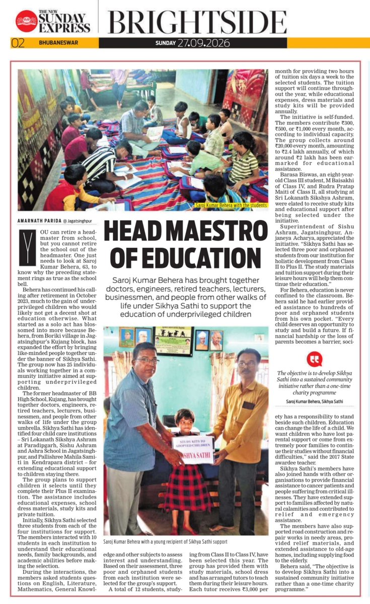 XpressOdisha's tweet photo. #Brightside | Saroj Behera, a retired headmaster from Jagatsinghpur, has brought together people from different walks of life under Sikhya Sathi to support education of underprivileged kids | ✍️ Amarnath Parida

@NewIndianXpress
@santwana99
@Siba_TNIE

 https://t.co/KzTVIEcBbU https://t.co/gWybZLrTNy