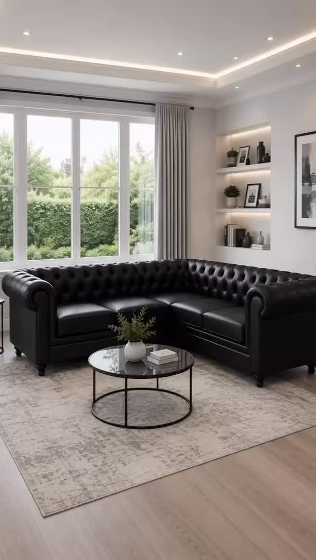 PingMahinqog5's tweet photo. Luxurious black Chesterfield-style corner sofa in a sophisticated modern living room, featuring deep button tufting, rolled arms, rich black leather upholstery, and generous seating for a spacious family lounge. https://t.co/TenWHJbR6c