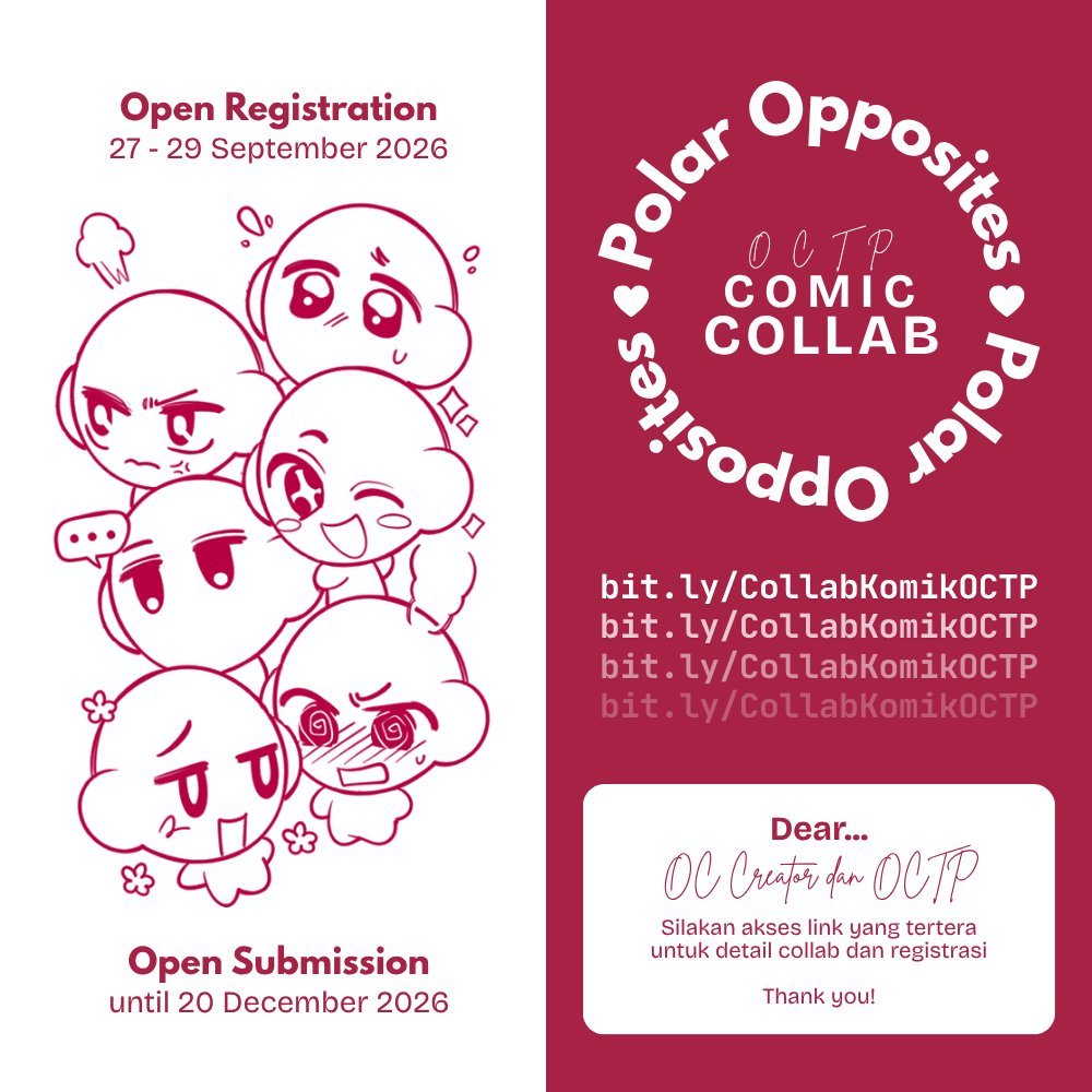 tercerocos's tweet photo. OCTP Comic Collab: Polar Opposites!

HIII syapa di sini yang punya OCTP polar opposites?!? Ayooo ikutan collab ini. Deadlinenya akhir tahun, sekalian menutup tahun ini dengan perkumpulan OCTP gemas!! HIHIHI...

Detail collab dan registrasi:
https://t.co/Jh8EZjGFJQ https://t.co/SawrJ0VZ1u
