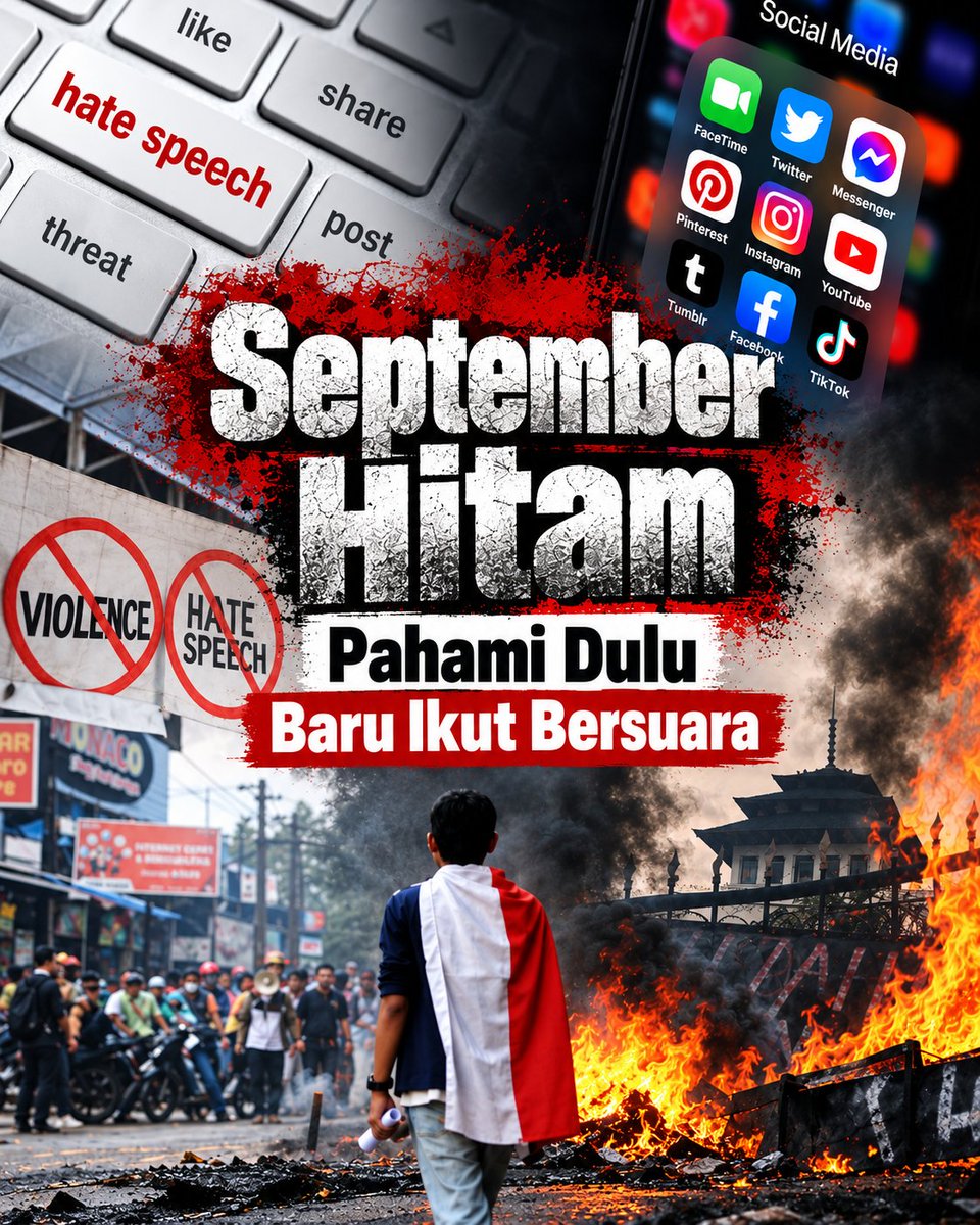 jagainbareng's tweet photo. September Hitam bukan alasan untuk ikut menyebarkan hate speech, provokasi, atau konten yang bisa memicu kerusuhan. 🖤
Pahami dulu. Cek fakta. Baru bersuara.
Jangan biarkan FOMO mengalahkan empati dan nalar.
#SeptemberHitam #StopHateSpeech #StopProvokasi  #LiterasiDigital https://t.co/kCBTmYEtWt