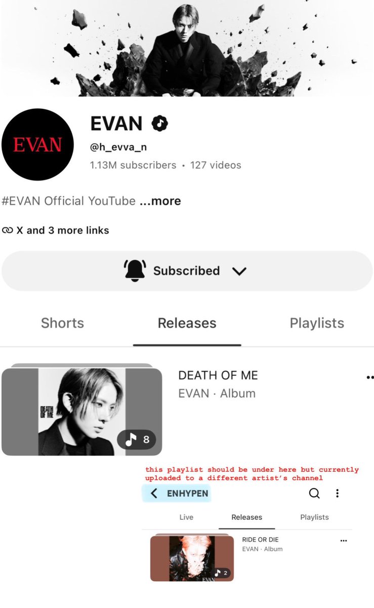 evanlyever's tweet photo. ⚠️ eyes here, EVERs — especially those using youtube music to str3am, as it’s worth being aware of where your streams may be going and which artist you may be counted as a unique monthly listener for

there are currently two issues involving rod & overflow on youtube/youtube music that need to be fixed by @beliftlab and @youtube:
1. the specific rod & overflow release playlist is missing from evan’s youtube channel.
instead, it was incorrectly added under the releases of another artist under the same company.
2. rod & overflow on youtube music are currently tagged to a different artist.
if you scroll down to the album metadata, the artist name still shows as evan, but clicking it redirects you to another artist’s channel.

what could this potentially mean?
• your streams for rod & overflow could potentially be attributed to the other artist’s statistics rather than evan’s
• you could also unintentionally become a unique monthly listener of an artist other than evan

what can you do for now if you only want to focus on evan?
• use another streaming platform for rod & overflow
• on youtube music, use a dom playlist focused on the new tracks only instead

of course, you’re free to stream however you want. i’m putting this out there simply so everyone is aware of the issue and can make an informed choice about how they stream while we’re not sure when it will be fixed