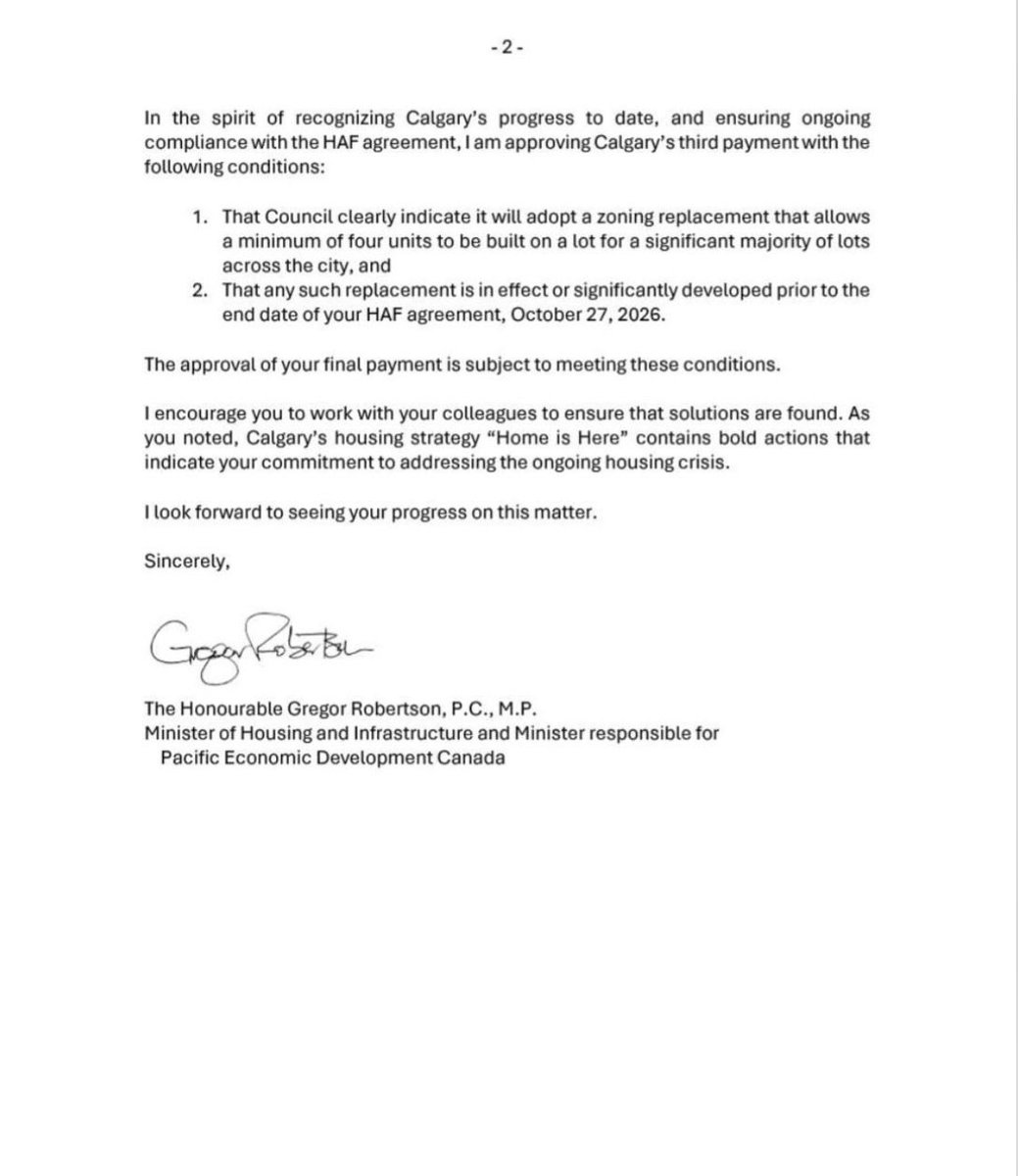 Darren6410's tweet photo. @SashaNede @ABDanielleSmith Here is the letter that clearly tells Calgary to change its policy by October.  This is Federal funding brand not a provincial mandate or program. https://t.co/NFOxkNdrnZ