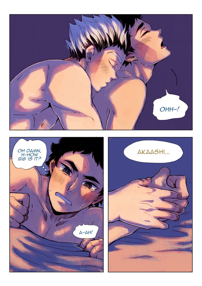 koukei45's tweet photo. Their inexperience showed. Bokuto started slow, struggling with the rhythm. Akaashi wasn't helping; spasming randomly, messing up the pace. Everything was new; sensations weird but pleasant, bodies running hot, hearts racing. Neither could hold out for long...#兎赤 #bokuaka #bkak https://t.co/z3eI9TdqUy