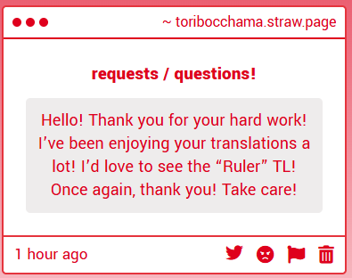 toribocchama's tweet photo. tysm!! the chance that i will move forward with TLing ruler is pretty high, though right now i will be prioritizing the world tour arc i might get straight to ruler afterwards since i actually already started working on it and finished the first 3 or so chapters https://t.co/2Cuk653VtV