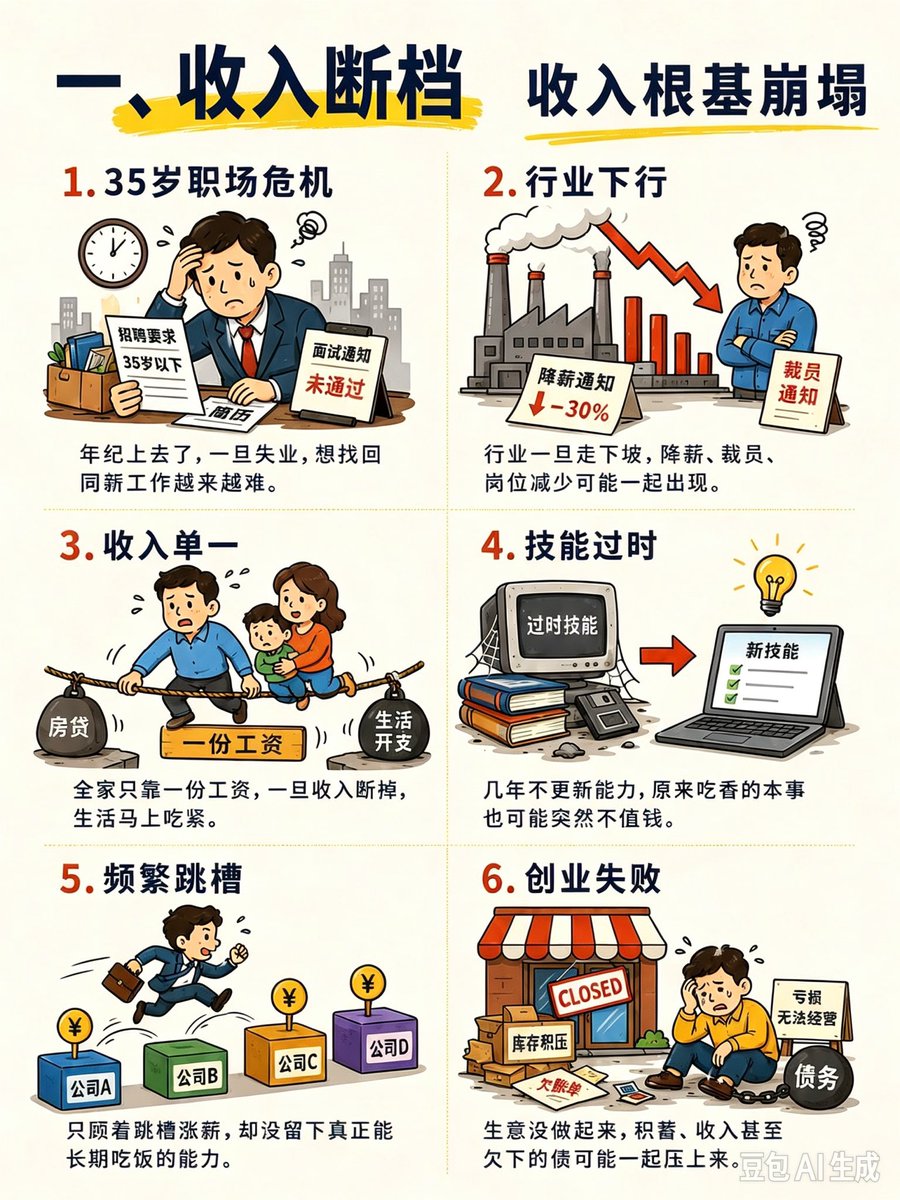 DeerOdds's tweet photo. .

投资最大的错觉，是把每天的涨跌，当成了自己的财富。

账户今天涨5%，不代表你变富了；跌5%，也不代表企业价值就消失了。

费雪真正厉害的地方，不是预测明天涨还是跌，而是寻找那些未来十年依然有能力持续成长的企业。

所以，投资真正要盯的不是K线，而是企业的生意、护城河、管理层和现金流。

财富管理也是一样。

很多中产家庭不是赚不到钱，而是没有给财富设置防火墙。

真正让一个家庭返贫的，往往不是一次小亏，而是收入、杠杆、投资、消费和家庭风险同时踩雷。

这就是所谓的——中产返贫30件套。

一、收入断档：财富的发动机熄火

1. 35岁职场危机
年龄增长后，如果失业，重新获得同等收入的难度可能上升。

2. 行业下行
行业进入下行周期，裁员、降薪、岗位减少可能同时发生。

3. 收入单一
全家只依赖一份工资，收入一断，现金流马上承压。

4. 技能过时
能力长期不更新，过去值钱的技能也可能逐渐贬值。

5. 频繁跳槽
只追求短期涨薪，却没有形成真正可迁移的核心能力。

6. 创业失败
本金、收入甚至债务同时承压，容易形成连续性损失。

二、房产拖累：把资产变成负担

7. 高杠杆买房
首付掏空、月供拉满，收入稍有变化，现金流就可能紧张。

8. 高位追房
因为害怕错过上涨而买入，可能长期承担高成本。

9. 多套负债
房子增加的同时，贷款、税费、维护和持有成本也在增加。

10. 冲动买铺
只看到租金，不计算空置、维护和流动性风险。

11. 商住误判
只看购买价格便宜，却忽略转手、使用和持有成本。

12. 产权踩坑
产权、用途和交易规则没弄清楚，买入后可能产生额外风险。

三、投资失控：一次错误，吞掉多年积累

13. 追涨杀跌
上涨怕错过，暴跌又恐慌，最终反复高买低卖。

14. 借钱投资
亏损之后，资产缩水，但债务不会跟着消失。

15. 收益迷信
只盯着收益率，却忽略收益背后的风险和概率。

16. 盲目跟单
别人赚钱的逻辑，不一定适合自己的资金、期限和风险承受力。

17. 重仓单押
把家庭大部分资产押在一个判断上，错误一次就可能伤筋动骨。

18. 替人担保
一张担保签下去，可能把别人的债务变成自己的风险。

四、消费失衡：收入越高，漏得越快

19. 超前消费
提前消费未来收入，工资到账先还债。

20. 教育攀比
别人报什么，自己也报什么，教育支出容易不断升级。

21. 面子消费
为了证明“过得不错”，反而牺牲真正的储蓄能力。

22. 无效社交
饭局、人情花了很多钱，却没有形成真正有价值的关系。

23. 月月清零
没有现金储备，一旦发生意外，只能借钱解决。

24. 爱好超支
小爱好没有预算，长期累积同样会变成大支出。

五、家庭变故：最容易被忽略的尾部风险

25. 大病意外
真正的风险不仅是医疗支出，还有收入中断。

26. 家庭内耗
长期争吵、冲突和失序，也会持续消耗金钱与精力。

27. 养老失衡
没有提前准备养老和护理支出，风险集中爆发时压力巨大。

28. 婚姻变故
家庭结构变化后，资产、债务和生活成本都可能重新分配。

29. 家人挥霍
一个人拼命赚钱，另一个人持续透支，再高收入也很难形成积累。

30. 亲友借贷
钱借出去收不回来，最后可能同时损失财富和关系。

真正的财富，不只是赚出来的，更是守出来的。

投资上，给企业留安全边际；
资产上，给负债留安全边际；
生活上，给现金流留安全边际；
家庭上，给意外风险留安全边际。

巴菲特长期复利的底层逻辑，不只是寻找好企业，更重要的是避免一次永久性损失，把自己的复利机器提前毁掉。

所以，成年人真正重要的财富观不是：

“我一年能赚多少？”

而是：

“如果连续发生三件坏事，我还能不能活下来？”

能扛住风险，才有资格谈复利。

·