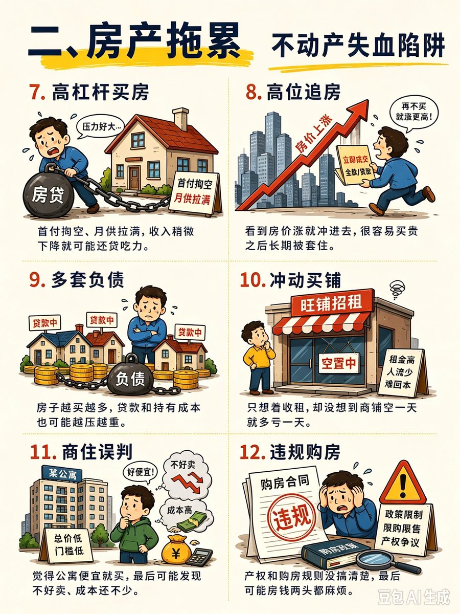 DeerOdds's tweet photo. .

投资最大的错觉，是把每天的涨跌，当成了自己的财富。

账户今天涨5%，不代表你变富了；跌5%，也不代表企业价值就消失了。

费雪真正厉害的地方，不是预测明天涨还是跌，而是寻找那些未来十年依然有能力持续成长的企业。

所以，投资真正要盯的不是K线，而是企业的生意、护城河、管理层和现金流。

财富管理也是一样。

很多中产家庭不是赚不到钱，而是没有给财富设置防火墙。

真正让一个家庭返贫的，往往不是一次小亏，而是收入、杠杆、投资、消费和家庭风险同时踩雷。

这就是所谓的——中产返贫30件套。

一、收入断档：财富的发动机熄火

1. 35岁职场危机
年龄增长后，如果失业，重新获得同等收入的难度可能上升。

2. 行业下行
行业进入下行周期，裁员、降薪、岗位减少可能同时发生。

3. 收入单一
全家只依赖一份工资，收入一断，现金流马上承压。

4. 技能过时
能力长期不更新，过去值钱的技能也可能逐渐贬值。

5. 频繁跳槽
只追求短期涨薪，却没有形成真正可迁移的核心能力。

6. 创业失败
本金、收入甚至债务同时承压，容易形成连续性损失。

二、房产拖累：把资产变成负担

7. 高杠杆买房
首付掏空、月供拉满，收入稍有变化，现金流就可能紧张。

8. 高位追房
因为害怕错过上涨而买入，可能长期承担高成本。

9. 多套负债
房子增加的同时，贷款、税费、维护和持有成本也在增加。

10. 冲动买铺
只看到租金，不计算空置、维护和流动性风险。

11. 商住误判
只看购买价格便宜，却忽略转手、使用和持有成本。

12. 产权踩坑
产权、用途和交易规则没弄清楚，买入后可能产生额外风险。

三、投资失控：一次错误，吞掉多年积累

13. 追涨杀跌
上涨怕错过，暴跌又恐慌，最终反复高买低卖。

14. 借钱投资
亏损之后，资产缩水，但债务不会跟着消失。

15. 收益迷信
只盯着收益率，却忽略收益背后的风险和概率。

16. 盲目跟单
别人赚钱的逻辑，不一定适合自己的资金、期限和风险承受力。

17. 重仓单押
把家庭大部分资产押在一个判断上，错误一次就可能伤筋动骨。

18. 替人担保
一张担保签下去，可能把别人的债务变成自己的风险。

四、消费失衡：收入越高，漏得越快

19. 超前消费
提前消费未来收入，工资到账先还债。

20. 教育攀比
别人报什么，自己也报什么，教育支出容易不断升级。

21. 面子消费
为了证明“过得不错”，反而牺牲真正的储蓄能力。

22. 无效社交
饭局、人情花了很多钱，却没有形成真正有价值的关系。

23. 月月清零
没有现金储备，一旦发生意外，只能借钱解决。

24. 爱好超支
小爱好没有预算，长期累积同样会变成大支出。

五、家庭变故：最容易被忽略的尾部风险

25. 大病意外
真正的风险不仅是医疗支出，还有收入中断。

26. 家庭内耗
长期争吵、冲突和失序，也会持续消耗金钱与精力。

27. 养老失衡
没有提前准备养老和护理支出，风险集中爆发时压力巨大。

28. 婚姻变故
家庭结构变化后，资产、债务和生活成本都可能重新分配。

29. 家人挥霍
一个人拼命赚钱，另一个人持续透支，再高收入也很难形成积累。

30. 亲友借贷
钱借出去收不回来，最后可能同时损失财富和关系。

真正的财富，不只是赚出来的，更是守出来的。

投资上，给企业留安全边际；
资产上，给负债留安全边际；
生活上，给现金流留安全边际；
家庭上，给意外风险留安全边际。

巴菲特长期复利的底层逻辑，不只是寻找好企业，更重要的是避免一次永久性损失，把自己的复利机器提前毁掉。

所以，成年人真正重要的财富观不是：

“我一年能赚多少？”

而是：

“如果连续发生三件坏事，我还能不能活下来？”

能扛住风险，才有资格谈复利。

·
