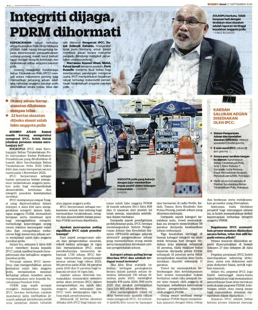 PDRMsia's tweet photo. KERATAN AKHBAR PILIHAN: INTEGRITI DIJAGA, PDRM DIHORMATI

Bacaan lanjut menerusi pautan berikut, 
https://t.co/b6YEUGrnvX

Sumber: Kosmo https://t.co/02RnrZoDB8