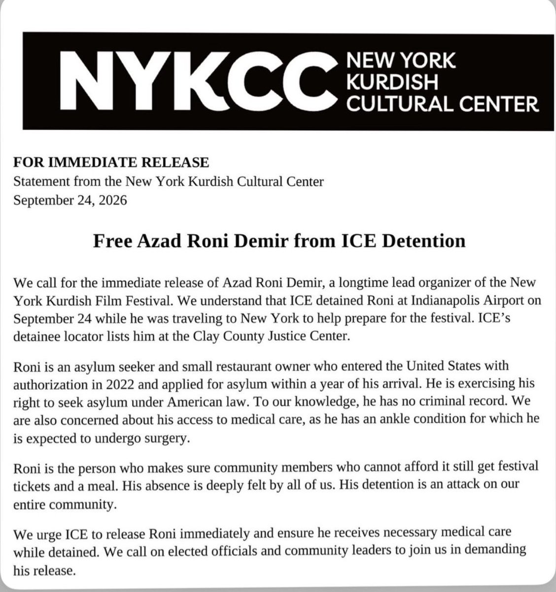 hawzhin_azeez's tweet photo. Imagine being a prosecuted kurd seeking asylum only to end up in ICE detention and arbitrarily arrested when you thought you found freedom and safety 💔 we demand the freedom of Azad Roni Demir! https://t.co/aIkVKDAlGz