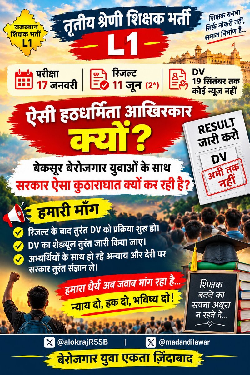 napsa_04_'s tweet photo. माननीय न्यायालय द्वारा 3rd Grade L1 भर्ती में सिर्फ नियुक्ति पर रोक है, DV प्रक्रिया पर नहीं।
फिर शिक्षा विभाग चयनित अभ्यर्थियों का DV क्यों नहीं करवा रहा, 
#अध्यापक_भर्ती_लेवल_1_DV_करवाओ
@madandilawar @svoruganti1466 
@RajCMO 
@alokrajRSSB https://t.co/JnOv1svFWW