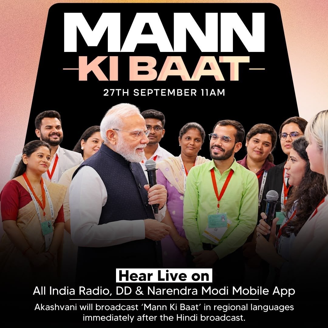 PMOIndia's tweet photo. Tune in for #MannKiBaat at 11 AM. https://t.co/p9axSL0IyK