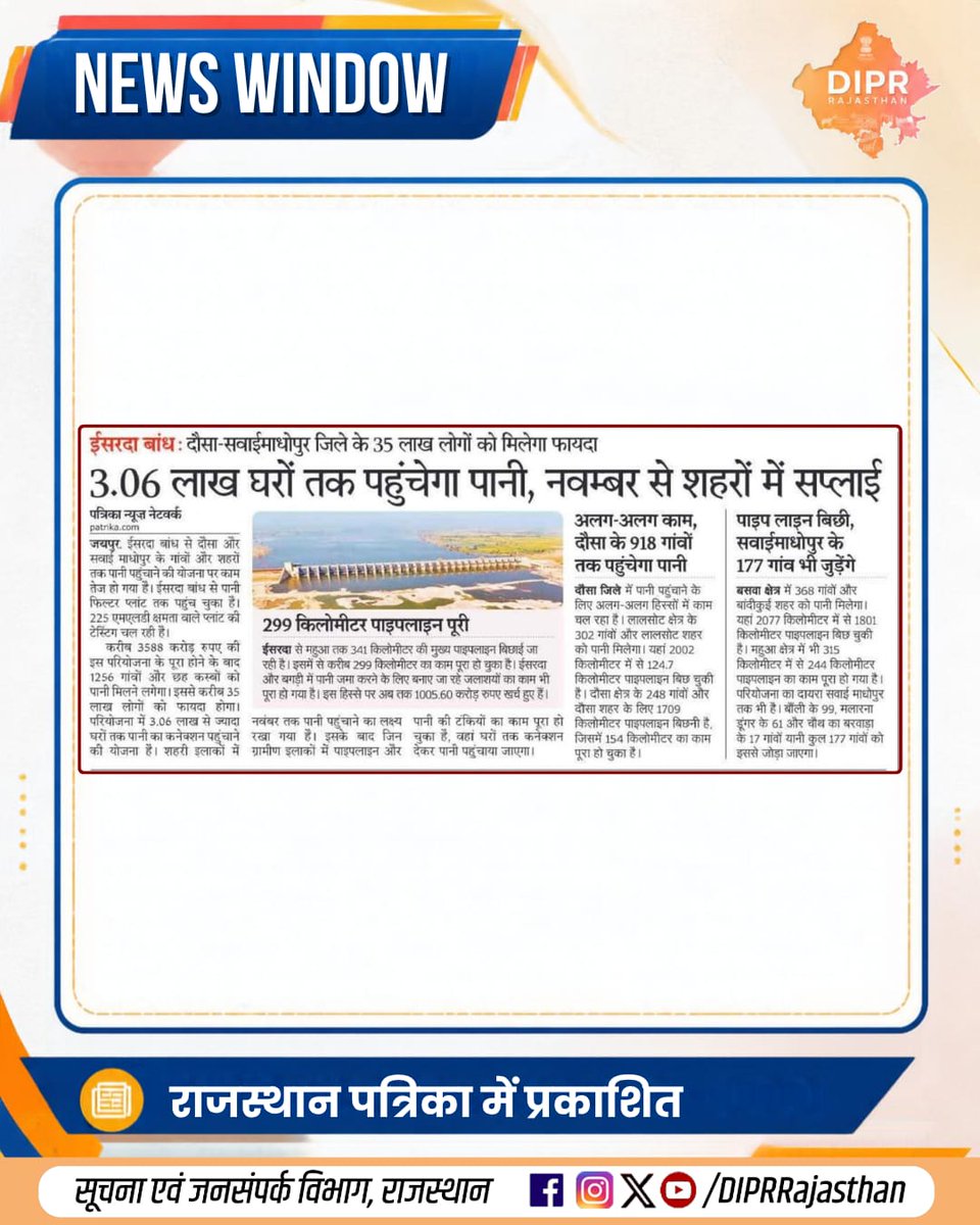 DIPRRajasthan's tweet photo. सुर्खियों में राजस्थान...
राजस्थान की हर नई पहल, हर नवाचार और हर जनकल्याणकारी योजनाओं की जानकारी के लिए फॉलो करें
@DIPRRajasthan
@BhajanlalBjp
@KumariDiya
@DrPremBairwa
@RajCMO
@RajGovOfficial
#IsardaDam #IsardaProject #DIPRRajasthan #rajasthan #RajasthanNews #RajasthanGovernment #आपणो_अग्रणी_राजस्थान