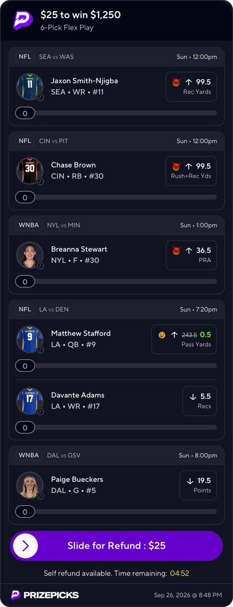 HunchoGambles's tweet photo. NFL/WNBA DEMON SLIP 🍯

$25 ➡️ $1,250 🏈

•JSN might commit a homicide vs Commanders. Washington secondary is dogshit ranking 2nd in WR targets/receptions share. CeeDee Lamb just went for 153 yards against them. 

•Steelers give up the MOST target/reception to RB’s by a significant margin early on. @ 35% the next highest is 26%. Brown already has success against Pittsburgh H2H averaging 109 rushing + receiving yards. Brown has averaged 6.5 yards per carry over four career games against Pittsburgh

•Riskiest leg IMO. Riding the hot hand. Last time we saw Sabrina Ionescu vs Lynx in the playoffs she shot 1-19 from the field (no I’m not over exaggerating look it up). I don’t trust Sabrina in the playoffs. Jonquel Jones potentially inactive and Stewie is looking lights out after being FIBA MVP. 

•Stafford gets hurt first play I’ll never gamble again

•Paige/Adams explained 

•Feel so good about this demon slip we posted a vid just like the good ole days. I have to hit a demon slip before the year ends. I’m overdue. 

NFL/WNBA PROPS IN THE WINIBLE ⬇️

https://t.co/y8wIpwW2bq

#NFL #Gambling𝕏 #WNBAplayoffs #WNBA