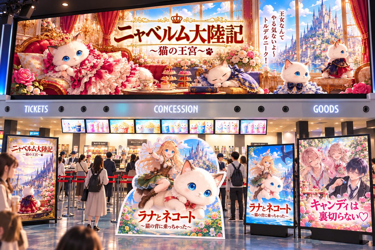 Vogel24R's tweet photo. 🎬創作映画館プロンプト
「もし自分の作品が映画化されたら？」をテーマに、添付したキャラや作品から上映中のシネコンを作ります🐱
画像を添付してプロンプトをコピペするだけ。
無料／改変OK／報告不要。ご自由に遊んでください〜！

コピペ用プロンプトはリプ欄へ

 #AIプロンプト https://t.co/9mySphHKfv