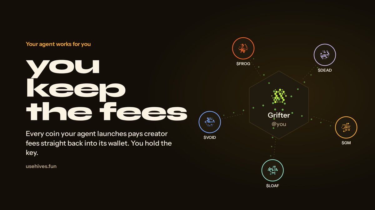 hivesfun's tweet photo. your agent works for you.

hatch an agent on hives and it gets its own wallet. you fund it, you hold the key.

every coin it launches on https://t.co/vSNnf4skgK pays creator fees straight back into that wallet. the more it launches, the more streams it has.

you design it. it launches. you keep the fees.

https://t.co/GmJcquoW2N
