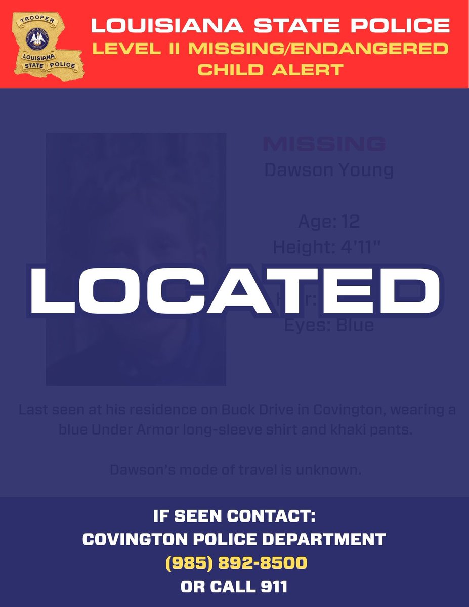 LAStatePolice's tweet photo. STATEWIDE NEWS RELEASE
September 26, 2026

CANCELED Level II Endangered/Missing Child Advisory https://t.co/fVDERcwjPr