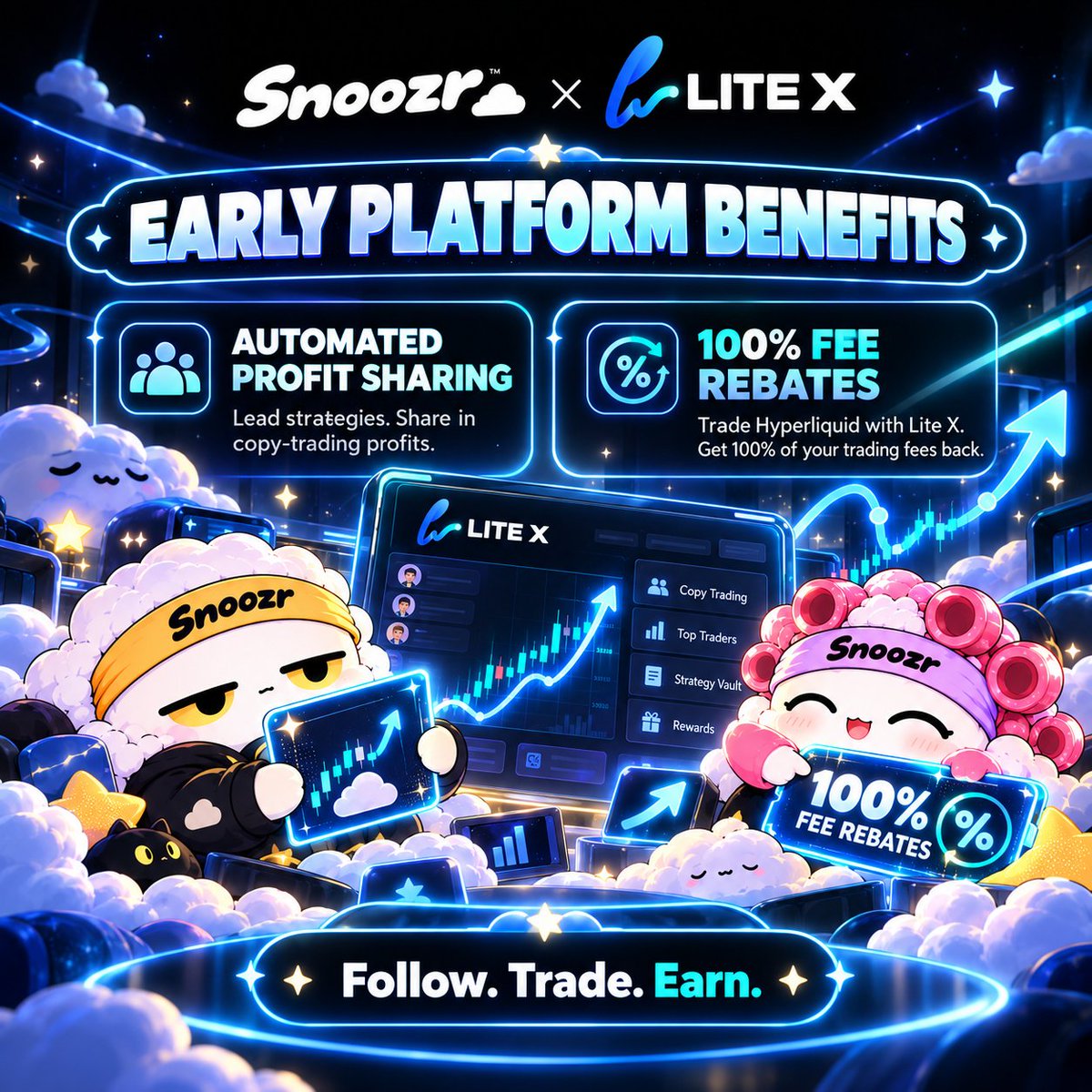 LiteXfun's tweet photo. SNOOZR made trading benefits look cute.  @SnoozrAI 

Lite X early platform benefits:

⚡ Automated Profit Sharing  
Lead strategies. Share in copy-trading profits.

💎 100% Fee Rebates  
Trade Hyperliquid with Lite X and get 100% of your trading fees back.

Follow. Trade. Earn. https://t.co/0ekJbPzlbd