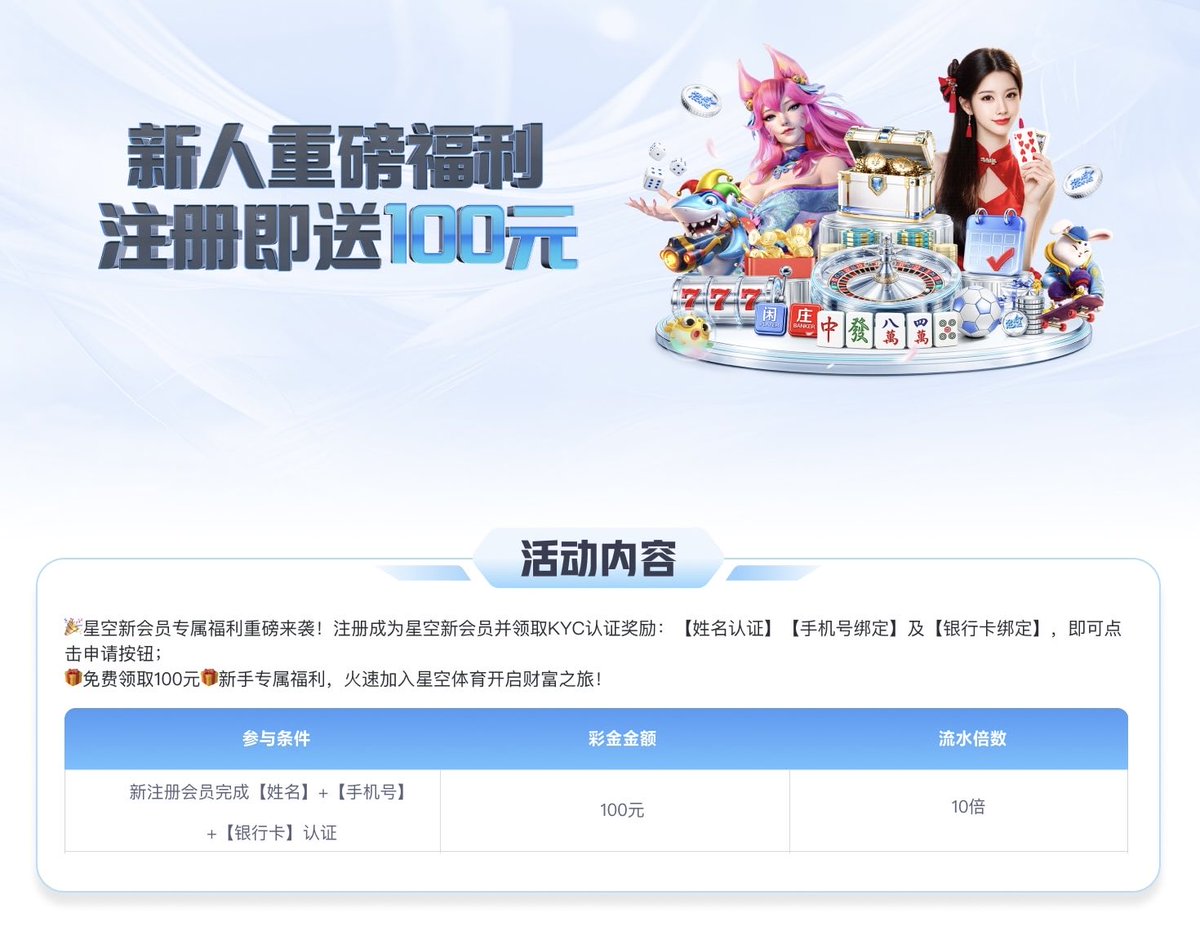 FIFAapp03's tweet photo. 「新人重磅福利，注册即送100元」活动。新会员完成姓名认证、手机号绑定及银行卡绑定等KYC认证，即可免费领取100元新手专属福利。彩金仅需10倍流水，火速加入开启财富之旅！
#买球 #竞彩 https://t.co/Qx3VBtM55g