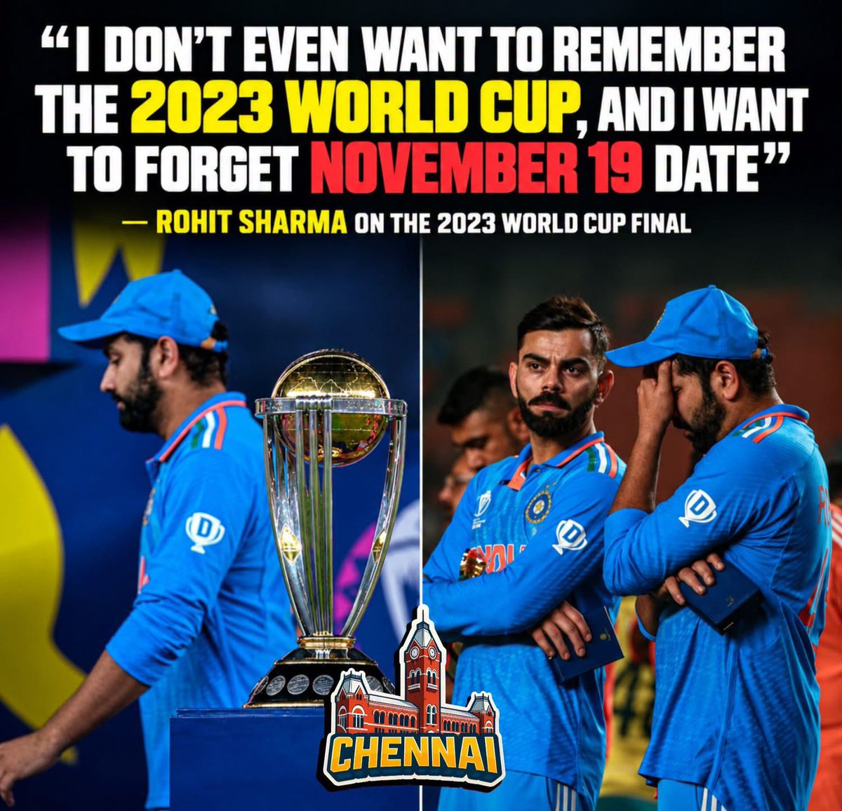 memeschennai's tweet photo. ROHIT SHARMA ON 2023 WORLD CUP FINAL 🏆
“I don’t even want to remember the 2023 World Cup, and I want to forget November 19.”
— Rohit Sharma
#RohitSharma #TeamIndia #WorldCup2023 #CWC2023 #WorldCupFinal #November19 #IndianCricket #CricketNews #TeamIndiaFans #RohitSharmaFans https://t.co/ViymuUaejH