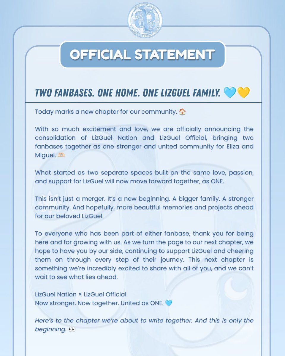 LizGuelOFC's tweet photo. Introducing our new official name: 

LIZGUEL NATION OFFICIAL! 🩵

A new name, a new chapter, but the same passion, love, and unwavering support that bring us all together. 🩵🫶

Today, we proudly step into a new era as LIZGUEL NATION OFFICIAL. 🩵 This may be a new name, but our purpose remains the same — to continue celebrating, supporting, and spreading love for LizGuel while creating a positive and welcoming space for everyone who shares the same love and passion. 

Welcome to the next chapter, Blushies!🫶 Our name may be new, but our love remains constant. 🩵

#LizGuelNationOfficial #LizGuel