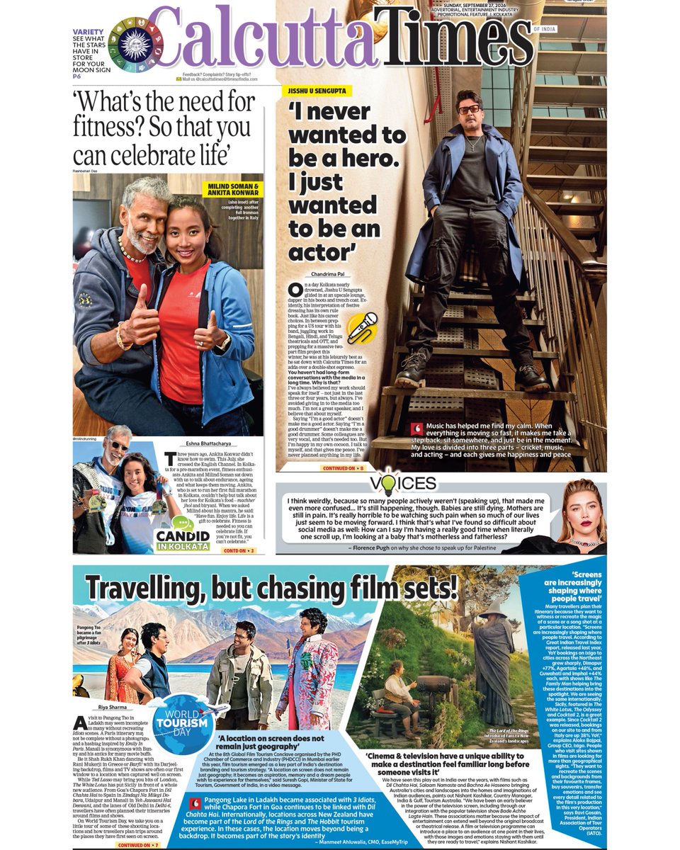 Calcutta_Times's tweet photo. Today's P1: Milind Soman and Ankita Konwar in the city for an event, an exclusive conversation with Jisshu U Sengupta, and more

#JisshuUSengupta #CalcutaTimes #kolkata https://t.co/M68t2ihqZN