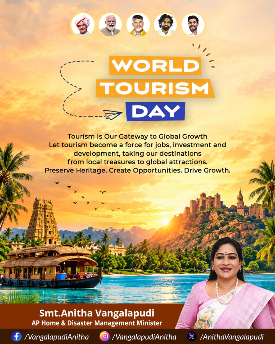 Anitha_TDP's tweet photo. Our heritage tells our story. Our destinations carry that story to the world.

On World Tourism Day, let us transform Andhra Pradesh’s rich culture, natural beauty and historic treasures into new opportunities for livelihoods, investment and growth.

Let’s make Andhra Pradesh a destination the world will remember. 

#WorldTourismDay #AndhraPradesh #APTourism #Tourism #Heritage #Culture