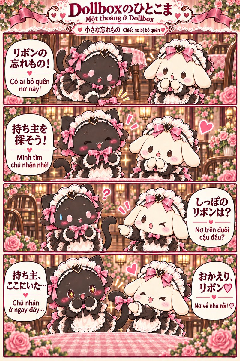 000daidai000's tweet photo. 忘れものの持ち主、いちばん近くにいました🎀🐾
Chủ nhân của chiếc nơ ở ngay đây thôi! ♡
#Dollbox #コンカフェ #メイドカフェ #4コマ漫画 #TruyenTranh https://t.co/RJd9FT6SeE
