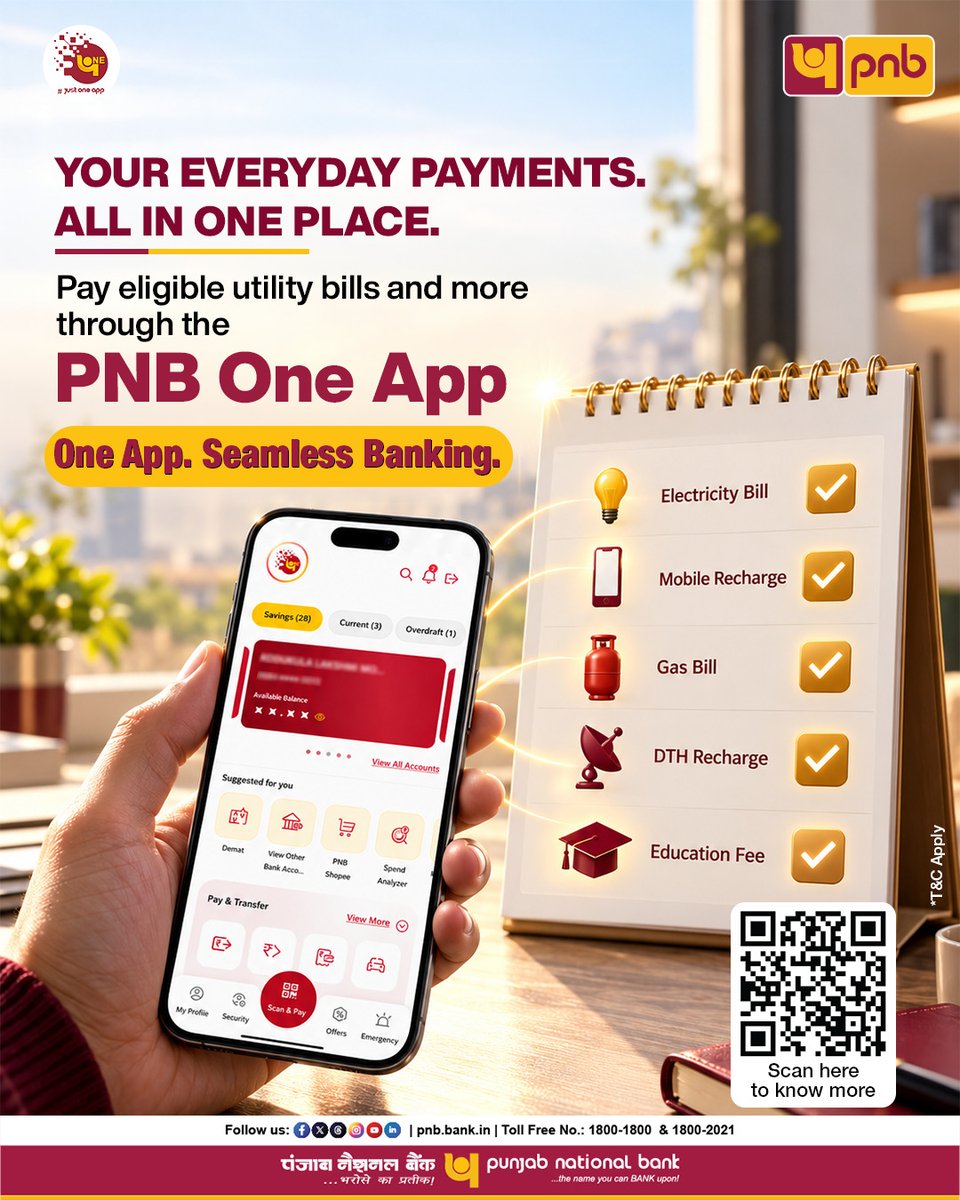 pnbindia's tweet photo. From paying bills to managing your everyday banking, PNB One App keeps it simple.
Bank anytime, anywhere-right from your phone.
To know more, please visit: https://t.co/6Z9S1ypySG
@DFS_India @FinMinIndia
#PNB #PNBONE #DigitalBanking #BankingMadeEasy #AnytimeAnywhere #CustomerFirst
