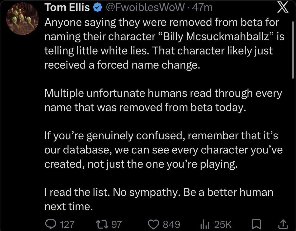 signalspikedev's tweet photo. Dear Blizzard,

You didn't respond to my previous letter, but that's okay. I know you're busy.

Please ban this user 'FwoiblesWoW' (aka Tom Ellis) for being a PDF, unless that is 'respectful' or 'within policy'.

v/r
the audience https://t.co/TFJHgkdjDP