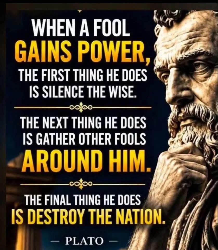iburahimali's tweet photo. When a fool gains power, the first thing he does is silence the wise. Then gather alk other fools around him. The final thing he does is destroy the nation.

The idea that unqualified rulers and mob rule inevitably cause democracy to degenerate into tyranny -Plato https://t.co/BJILrhraKZ
