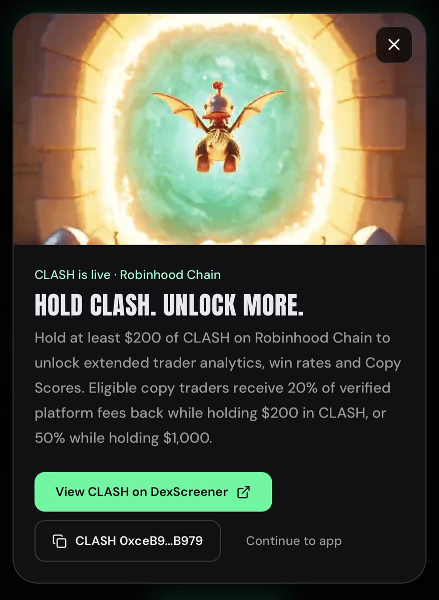 clashofperps's tweet photo. Introducing $CLASH utility:

Hold $200 of $CLASH to unlock deeper trader analytics on @clashbotdotfun to help you make better decisions when choosing which trader to copy trade.

Hold $CLASH to earn 20% of platform trading fees, up to 50% if you hold $1000 of $CLASH.

Try the platform today: https://t.co/DNMYVgiBcj
