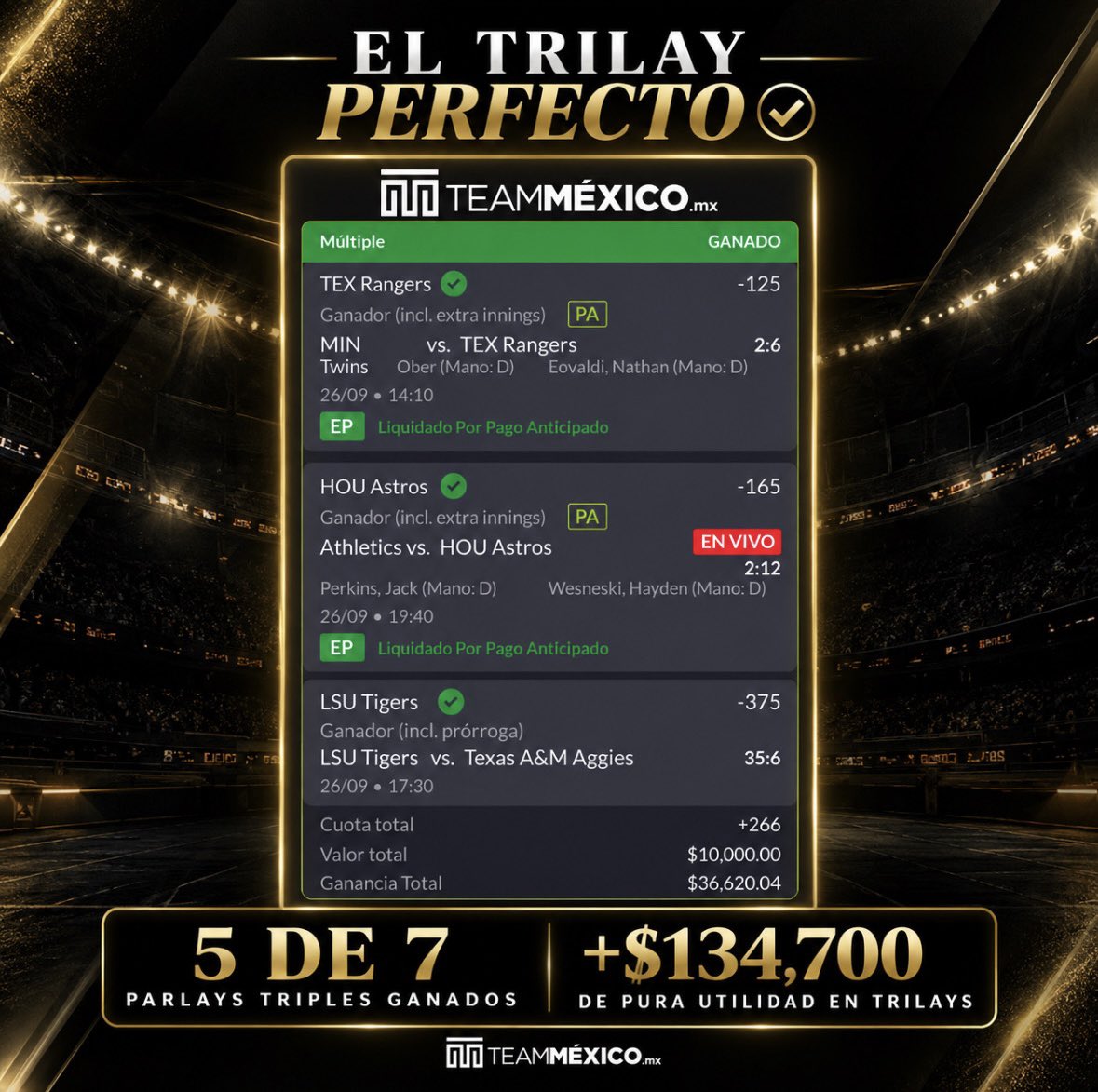 DiasPerfectos's tweet photo. OTRO TRILAY PERFECTO ✅ +$134,700 DE PURA UTILIDAD EN ESTAS JUGADAS 💣

ESTAMOS HACIENDO MUCHO DINERO EN TRIPLES Y HOY LO JUGAMOS TODOS JUNTOS 🔥 https://t.co/179NGkCFsh