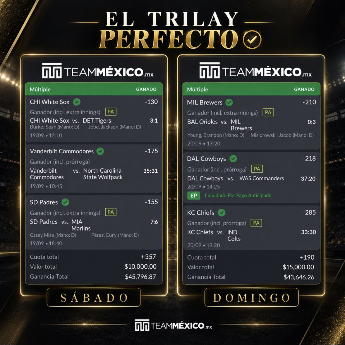 DiasPerfectos's tweet photo. OTRO TRILAY PERFECTO ✅ +$134,700 DE PURA UTILIDAD EN ESTAS JUGADAS 💣

ESTAMOS HACIENDO MUCHO DINERO EN TRIPLES Y HOY LO JUGAMOS TODOS JUNTOS 🔥 https://t.co/179NGkCFsh