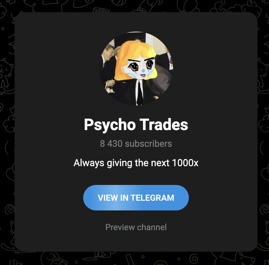 Psycho10x's tweet photo. Do you want to be early to all of my cooks?

Join my Telegram, lets print🫡

https://t.co/93kuLMzVvU https://t.co/tui4FsyXlp
