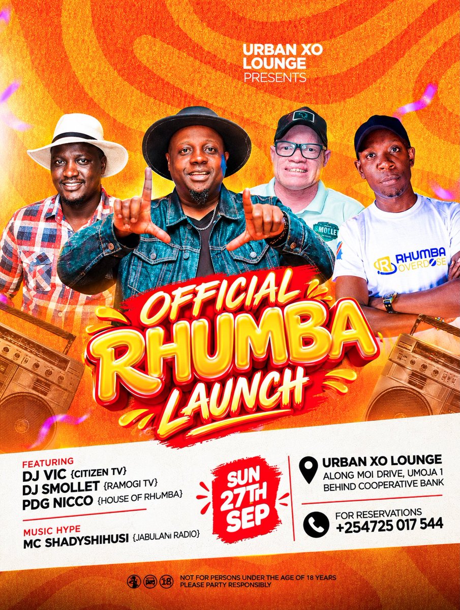 vdeejayFlex_KE's tweet photo. SUNDAY OFFICIAL RHUMBA LAUNCH 

This Sunday 27th we’re bringing the Rhumba experience to life at @urbanxolounge_official 

On the decks: @dj_smollet • @djvic_rogaroga from @ramogitvkenya and  @jabulani_radio 's @mcshadyshihusi and @pdgnico

Expect nothing but soulful Rhumba
#fyp https://t.co/WxIckTNCB5