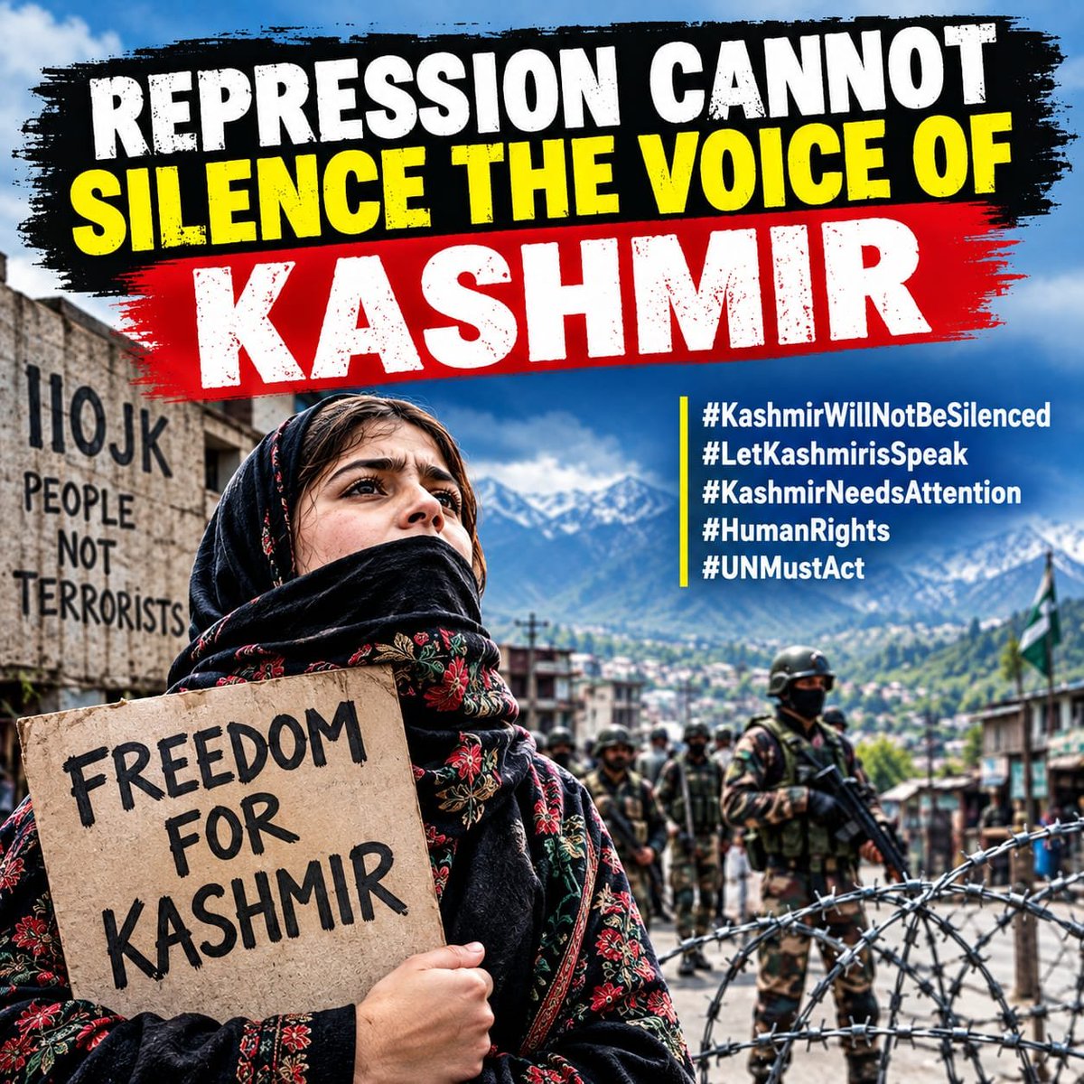 TheVoiceJK's tweet photo. REPRESSION CANNOT SILENCE THE VOICE OF KASHMIR

#KashmirWillNotBeSilenced #LetKashmirisSpeak #KashmirNeedsAttention #HumanRights #UNMustAct https://t.co/KcgbQx7pjT