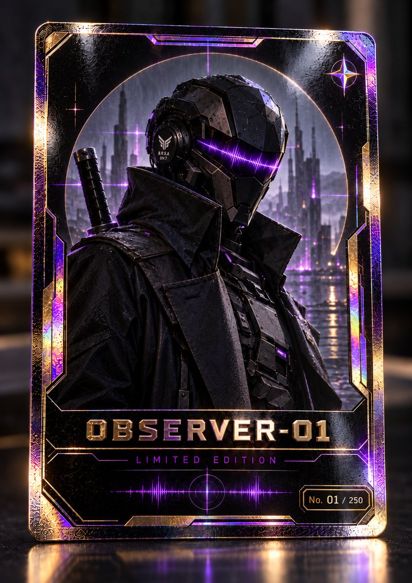 VaporEcho's tweet photo. Observer-01 // No. 01 of 250
You open the pack.
You see the purple visor.
Are you keeping it… or trading it? 👀
#Signalpunk #NeoKyoto #Observer01 #BRSA https://t.co/EwQGI0zS5I