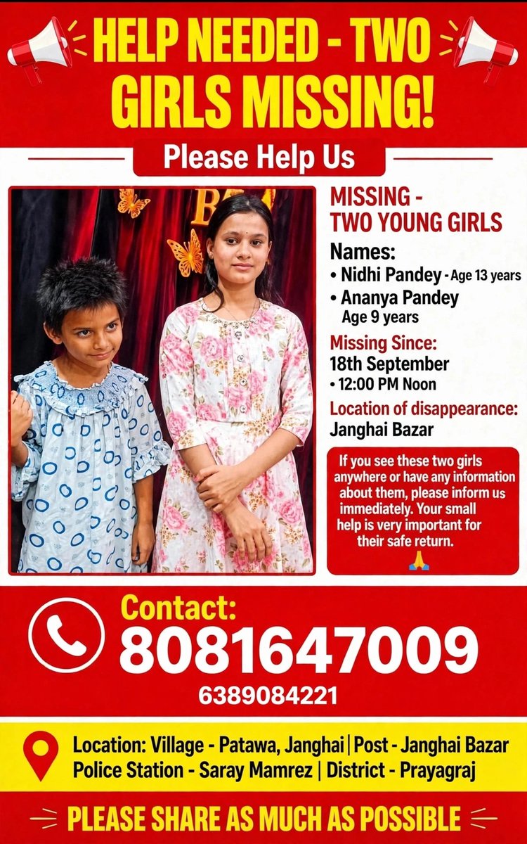 HRITIK_2000_11's tweet photo. Day 10 Nidhi (13) &amp; Ananya (9) are still missing. Please repost and tag @Uppolice @prayagraj_pol so this matter is treated as urgent and the girls are found soon, reunited with there family. Every passing hour matters for their safety. 🙏 @myogiadityanath
#UPPoliceFindNidhiAnanya https://t.co/pl8c1wNsif