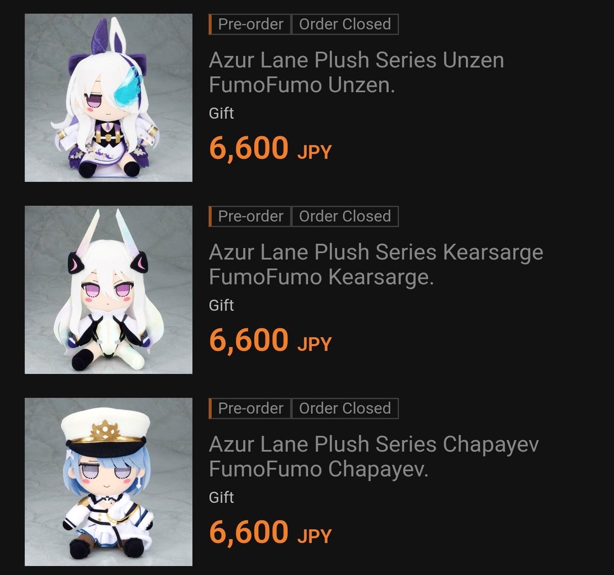 Jamie001998's tweet photo. @nikoyagamer @uma_musu_en Depends on what gift/cygames agreed with in terms of production but the fumofumo line tends to be a set amount being made and can close sales early once they reach target (example with azur lane: order closed in 3 days) https://t.co/5XHtPNS7a8