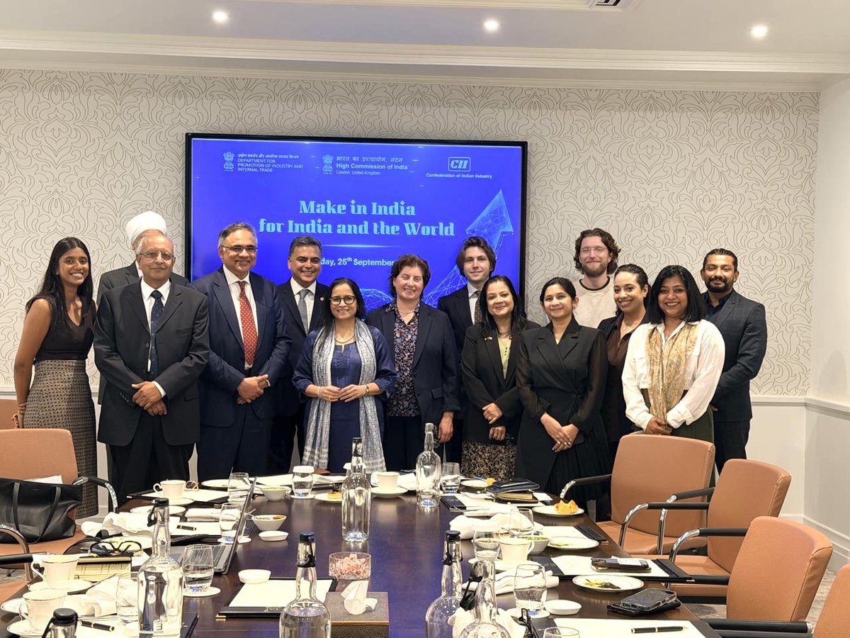 CII4Global's tweet photo. To commemorate 12 years of the Make In India programme and to coincide with the visit of Mr Narayan Sethuramon, Chair CII Trade Policy Council, to London, CII organised a business roundtable with mid- sized British manufacturing companies hosted by Ms Nidhi Mani Tripathi, Minister Economic, High Commission of India on 25 September, in London. There is clear interest and enthusiasm in British manufacturers for Make in India, especially through the lens of the India UK Comprehensive Economic and Trade Agreement.
@HCI_London @nidhimanit @narayans47 @MakeUK_ 
#makeinindia