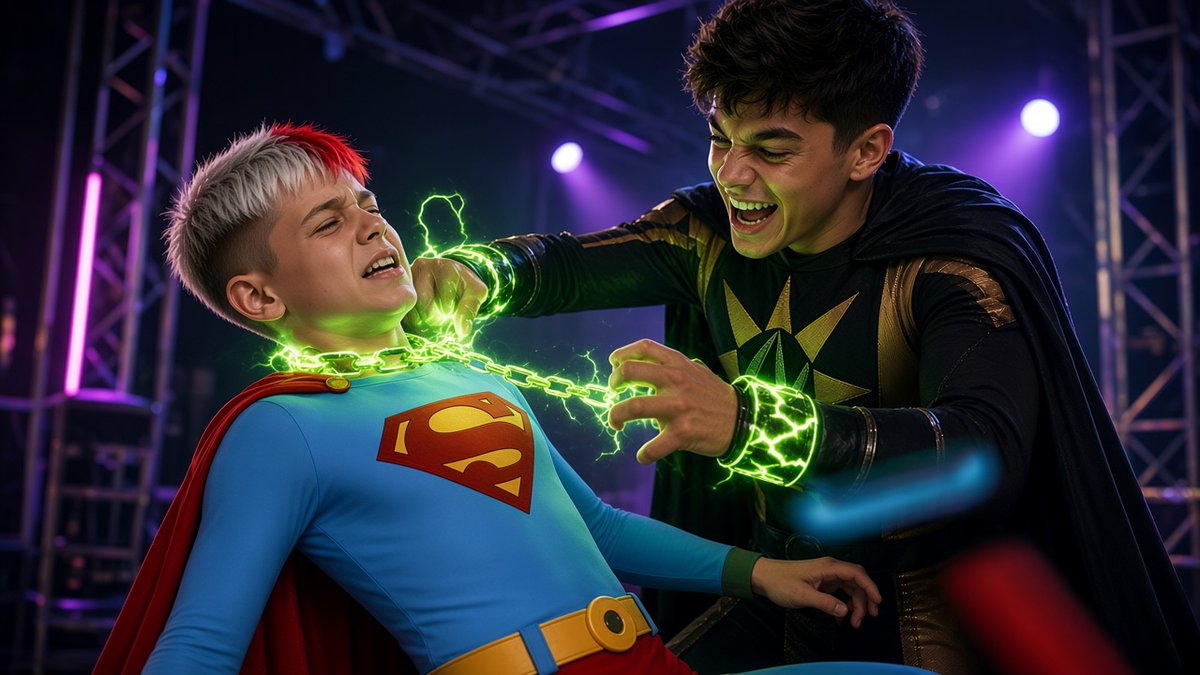 jintor69's tweet photo. NuclearKai place glowing electrified kryptonite necklace on SuperJJ's neck
#superman #superboy #nuclearman #nuclearboy https://t.co/kgtrwra8Pq