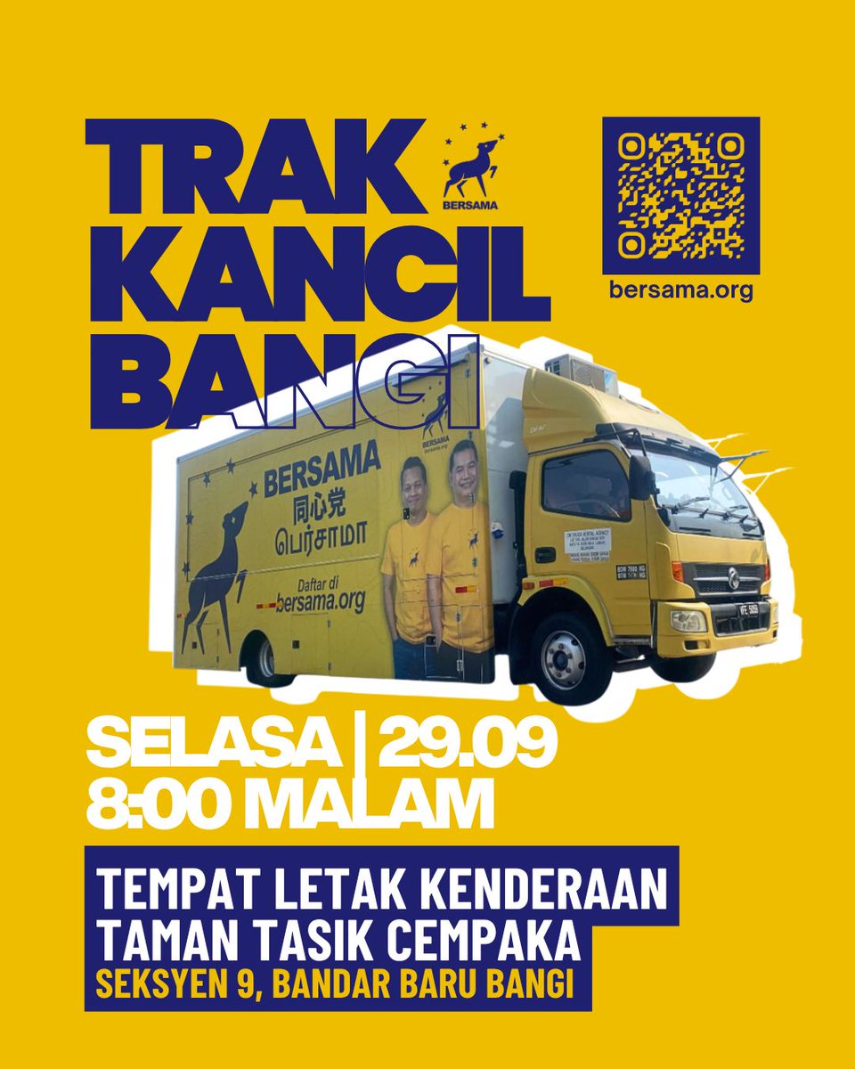 rafiziramli's tweet photo. 𝗦𝗘𝗞𝗔𝗪𝗔𝗡 𝗞𝗔𝗡𝗖𝗜𝗟 𝗣𝗔𝗥𝗟𝗜𝗠𝗘𝗡 𝗦𝗨𝗡𝗚𝗔𝗜 𝗕𝗨𝗟𝗢𝗛, 𝗞𝗘𝗣𝗢𝗡𝗚, 𝗞𝗨𝗔𝗟𝗔 𝗦𝗘𝗟𝗔𝗡𝗚𝗢𝗥 & 𝗚𝗢𝗠𝗕𝗔𝗞 & 𝗧𝗥𝗔𝗞 𝗞𝗔𝗡𝗖𝗜𝗟 𝗕𝗔𝗡𝗚𝗜

Saya dan pasukan HQ BERSAMA akan bertemu ahli-ahli BERSAMA dari kawasan Parlimen Sungai Buloh, Kepong dan Kuala Selangor di program Sekawan Kancil esok, Isnin (26 September 2026)  dan Sekawan Kancil Gombak pada Selasa (29 September 2026) pada ketetapan berikut:

📍 𝗜𝘀𝗻𝗶𝗻, 𝟮𝟴 𝗦𝗲𝗽𝘁𝗲𝗺𝗯𝗲𝗿 - 𝗦𝗲𝗸𝗮𝘄𝗮𝗻 𝗞𝗮𝗻𝗰𝗶𝗹 𝗣𝗮𝗿𝗹𝗶𝗺𝗲𝗻 𝗦𝘂𝗻𝗴𝗮𝗶 𝗕𝘂𝗹𝗼𝗵, 𝗞𝗲𝗽𝗼𝗻𝗴 & 𝗞𝘂𝗮𝗹𝗮 𝗦𝗲𝗹𝗮𝗻𝗴𝗼𝗿
Conference 1, Block A, Emhub, Persiaran Surian, Kota Damansara

📍 𝗦𝗲𝗹𝗮𝘀𝗮, 𝟮𝟵 𝗦𝗲𝗽𝘁𝗲𝗺𝗯𝗲𝗿, 𝟴.𝟬𝟬 𝗺𝗮𝗹𝗮𝗺 - 𝗦𝗲𝗸𝗮𝘄𝗮𝗻 𝗞𝗮𝗻𝗰𝗶𝗹 𝗚𝗼𝗺𝗯𝗮𝗸
Dewan Melati & Dewan Akasia, De’ Orchid, Level 3, M3 Shopping Mall, Taman Melati

Sekawan Kancil akan menjadi ruang untuk ahli-ahli BERSAMA di setiap kawasan bertemu, berkenalan dan mula membina gerakan di kawasan masing-masing. Taklimat penggunaan Aplikasi Kancil turut akan diadakan seperti biasa bagi penganjuran aktiviti di kawasan masing-masing.

Kepada ahli BERSAMA, daftarkan kehadiran di Aplikasi Kancil untuk pengguna Google Play atau di laman https://t.co/fCMc3GZOrD 

Trak Kancil seterusnya akan singgah di Bandar Baru Bangi pada malam Selasa, 27 September 2026 pada ketetapan berikut:

📍𝗦𝗲𝗹𝗮𝘀𝗮, 𝟮𝟵 𝗦𝗲𝗽𝘁𝗲𝗺𝗯𝗲𝗿, 𝟴.𝟬𝟬 𝗺𝗮𝗹𝗮𝗺 - 𝗧𝗿𝗮𝗸 𝗞𝗮𝗻𝗰𝗶𝗹 𝗕𝗮𝗻𝗴𝗶
Tempat letak kenderaan Taman Tasik Cempaka, Seksyen 9, Bandar Baru Bangi
Pautan daftar kehadiran: https://t.co/1L0dkXHBS1 

Jadi kalau anda berada di kawasan-kawasan ini, kita jumpa nanti.