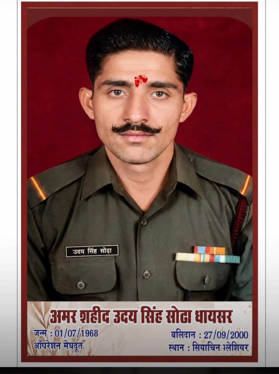 RavindraBhati__'s tweet photo. जैसाण की वीर धरा के वीर सपूत, अमर शहीद श्री उदय सिंह जी सोढ़ा (धायसर) के बलिदान दिवस पर कोटि-कोटि नमन। 

राष्ट्र की रक्षा एवं मातृभूमि की सेवा के लिए आपका सर्वोच्च बलिदान सदैव हम सभी को प्रेरणा देता रहेगा। वीरभूमि के इस अमर सपूत की शौर्यगाथा को देश सदैव श्रद्धा और सम्मान के साथ स्मरण करता रहेगा।

सादर वंदन!
जय हिन्द!