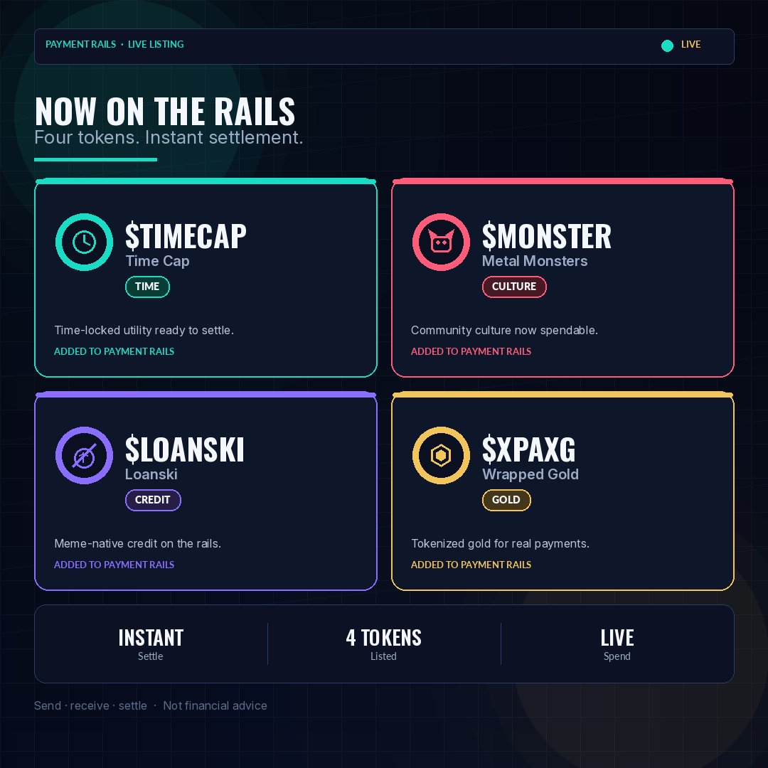 TimeCap_XPR's tweet photo. @SimpleDEXFun tokens added to payment rail @METALM0NSTERS @loanskixpr  time cap have been added. More to come. Just getting started. ⚛️🕓🧢

I also added @Paxos because gold is the best payment option. 

Thank you all for your support. If you want your token added or taken down. Contact me⚛️