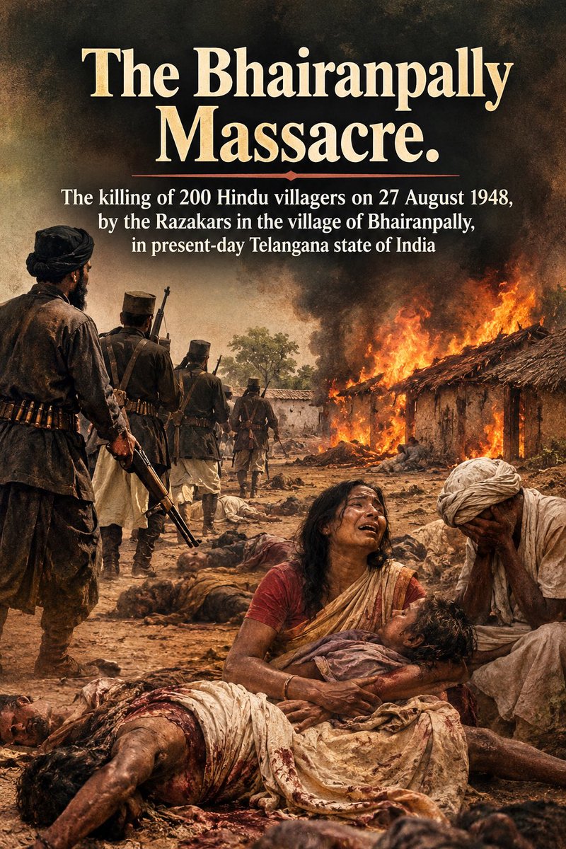 monidipadey's tweet photo. Another forgotten Hindu massacre : 

The Bhairanpally Massacre by the Razakars of Hyderabad. 

The Bhairanpally Massacre is considered as one of the most brutal mass k|ll|ng of villagers, carried out on 27th August 1948, by the Razakars (the private militia of the Nizam of Hyderabad) in the village of Bhairanpally, located in present-day Siddipet district, Telangana.

It also remains as one of pivotal episodes of vi0lence during the final phase of the Telangana Armed Struggle against the authoritarian rule of the Nizam of Hyderabad.

Following India's independence in August 1947, the people of Hyderabad State revolted against the Nizam's rule, demanding integration into the Indian Union. Bhairanpally became a core centre of local resistance. Armed only with traditional weapons like slings, sticks, and stones, the villagers successfully repelled three separate attacks by the Nizam's private militia, the Razakars.

The Final Assault was on 27th August 1948, when infuriated by the stiff resistance, the Razakars, reinforced by official Hyderabad state military forces and police equipped with firearms and cannons, launched a massive, coordinated raid on the village. The villagers took refuge inside a mud fortress and watchtower (Burj) to defend themselves, but they were quickly overwhelmed by superior firepower. Once the defences fell, the Razakars went on a horrific rampage, looting properties, k!lling men, and gang-r@ping the village women and subjecting them to public humiliation.

Witness accounts say that the Captured men were lined up two to three lines deep, and sh0t with single bullets to minimize ammunition expenditure.

Historical records state that 96 villagers were ex€cuted on the day of the main assault. However, broader historical literature and accounts from village elders state that the total number of d€aths reached up to 200 people, when counting the k|llings in Bhairanpally and its surrounding settlements, in the days leading up to the final m@ssacre.

The k!llings at Bhairanpally often referred to as the "Jallianwala Bagh of the South" further unified opposition against the Nizam regime. Just weeks later, on 13 September 1948, the Indian government launched Operation Polo, a military intervention that led to the surrender of the Hyderabad State forces and its successful integration into India.

In second image is the mud fortress watchtower (Burj) of Bhairanpally where the villagers are standing.