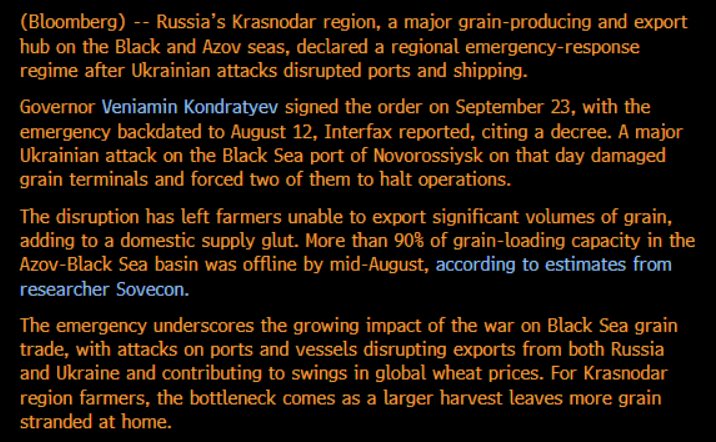 Interestedinbur's tweet photo. Russia's grain export crisis is now officially an emergency.

Krasnodar, one of Russia's biggest grain-producing regions, has declared a state of emergency after drone attacks and Black Sea port shutdowns left farmers unable to sell large volumes of grain. https://t.co/kENgIUHWay